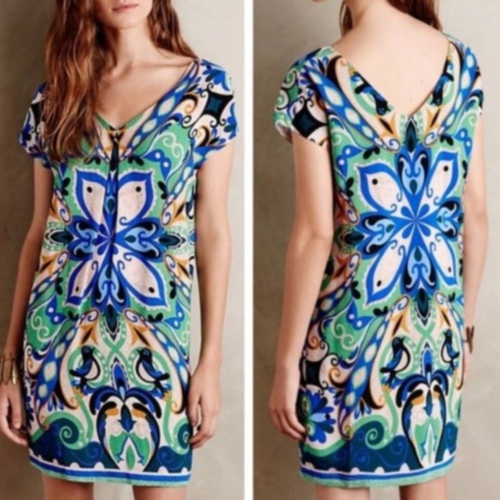 MAEVE Anthropologie FOLKSONG Bird Dress Floral Green and Blue KaleidoscopeXS